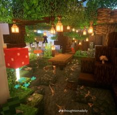 a minecraft living room with lots of plants and lights hanging from the ceiling,