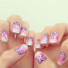 Aztec Nails, Colorful Nail, White Nail Art, Nail Art Pen, Gradient Nails, Get Nails, I Love Nails, Cute Nail Art, 3d Nail Art