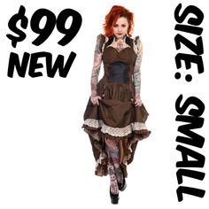 Steampunk Lace-Up Ruffle Dress Victorian New With Tags Bust: 34" Waist: 26" Steampunk Fitted Ruffled Corset Dress, Steampunk Fitted Ruffle Corset Dress, Fitted Punk Corset Dress With Ruffles, Punk Style Fitted Corset Dress With Ruffles, Punk Style Fitted Ruffled Corset Dress, Steampunk Corset Dress With Ruffles For Alternative Fashion, Steampunk Fitted Dress For Fall, Steampunk Fitted Dresses For Fall, Fitted Gothic Brown Dress