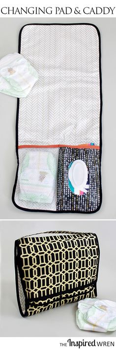 the changing pad and caddy bag is shown in two different pictures, one with an open zipper