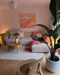 a living room filled with furniture and a large plant in the middle of the room