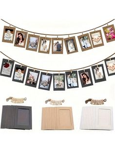 an assortment of photos hanging on a clothes line