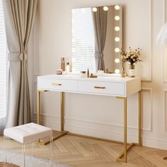 a dressing table with lights on it and a stool