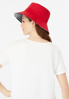 Rain or shine, this bucket hat is a winner. When it pours, wear the polka-dot patent leather side to stay dry. When the sun shines, flip it to the red London Gifts, Reversible Bucket Hat, Platinum Credit Card, Red Canvas, Gift Card Number, Rain Or Shine, Woman Within, Swimsuits For All, Black Polka Dot