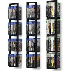 the four shelves are holding several different types of dvd's