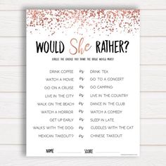 a pink and white poster with the words would she rather?