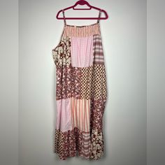 Nwt Universal Thread Patchwork Dress. Size 4x Vacation Pink Patchwork Maxi Dress, Summer Patchwork Pink Maxi Dress, Summer Pink Patchwork Maxi Dress, Pink Patchwork Maxi Dress For Summer, Spring Pink Patchwork Maxi Dress, Pink Patchwork Dress For Vacation, Patchwork Dress, Universal Thread, Pink Brown