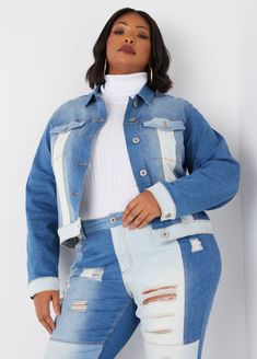 This playful denim jacket features bold color blocking, two handy flap pockets at the bust, and button-fastening sleeve cuffs for that classic trucker vibe. Pair it with our matching jeans for a head-turning two-piece set! Plus Size Jean Jacket, Denim Jacket Plus Size, Jean Jacket And Jeans, Denim Shoulder Bags, Denim Trucker Jacket, Ashley Stewart, Bold Color, Trucker Jacket, Plus Size Jeans