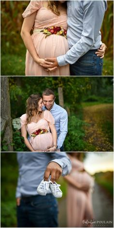 the pregnant couple is posing for pictures together