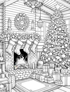 a drawing of a christmas tree in a living room with presents and stockings on the fireplace