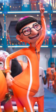 a cartoon character in an orange outfit and black glasses is dancing with other characters behind him