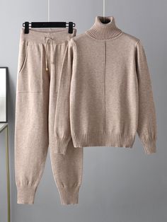 Casual Solid Long Sleeves High-Neck Sweater Tops  &  Drawstring Wide Leg Pants Suits  GRAY-One_size Best Loungewear Sets, Sweater Two Piece Set, Winter Turtleneck, Wide Leg Pant Suit, Casual Turtleneck, Solid Color Sweater, Sweater Tops, Y2k Aesthetic Outfits, High Neck Sweater