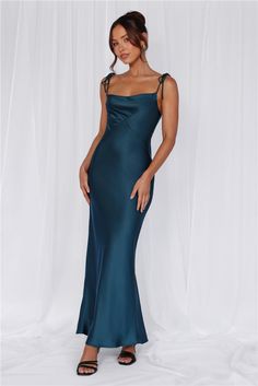 Length from top of bust to hem of size S: 134cm. 
 Chest: 38cm, Waist: 34cm, across front only of size S. 
 Maxi dress. 
 Lined. 
 Model is a standard XS and is wearing size XS. 
 True to size. 
 Non-stretch. 
 Luxurious satin. 
 Cowl neckline. 
 Tie-up shoulder straps. 
 Elastic back. 
 Vent extension. 
 Straight, flowy silhouette. 
 Zipper with hook eye closure.  
 Cold hand wash only. 
 Polyester. 
 This material is very delicate. Please handle with care. 
 Please Note: This product is a Excl Jewel Tone Dress, Teal Bridesmaid Dresses, Tie Maxi Dress, Blue Dress Formal, Satin Bridesmaid Dresses, Teal Dress, Satin Maxi, Cowl Neckline, Satin Maxi Dress