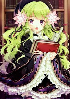 an anime character with long blonde hair holding a book in front of bookshelves