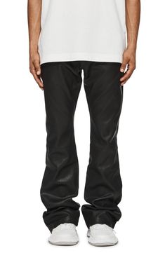 These flared pants crafted from smooth bonded leather instantly elevate your night-out options. 33" inseam, 18" leg opening; 10" front rise; 15" back rise (size 29) Button fly Front scoop pockets; back patch pockets Leather/synthetic Professional leather clean Imported Asian Owned/Founded Leather Flare Bottoms For Work, Flared Leather Bottoms For Work, Black Flare Leather Pants For Fall, Flare Leather Bottoms For Work, Sleek Wide Leg Leather Pants, Flare Leather Pants For Night Out, Flared Leather Pants For Night Out, Leather Bottoms For Streetwear With Straight Leg, Leather Straight Leg Bottoms For Streetwear