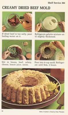 an advertisement showing how to make a creamed beef mould recipe with instructions on the side