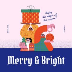 merry and bright with an image of two people holding presents