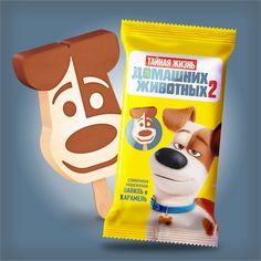 a bag of ice cream with a cartoon dog on it next to a pack of marshmallows