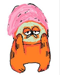 an orange and pink cartoon character with big eyes wearing a pink knitted beanie