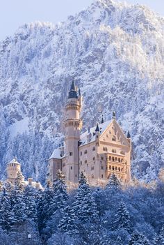 an old castle in the mountains with snow on it's roof and trees around