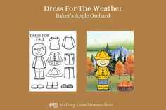 Help Baker get dressed for the weather! Learn about what the days weather is going to be and pick the perfect outfit. Chose between 25+ outfit combos.  Wardrobe Includes: *Short Sleeve Shirt *Long Sleeve Shirt *Rain Coat *Cargo Pants *Rain Hat *Jeans *Sneakers *Rainboots *Sandals Baker's Apple Orchard Includes: *Instructions *Baker's Fall Wardrobe *Apple Orchard Backdrop This is a Instant Digital Download and is not a physical item sent to you. Please keep in mind you will need a printer, paper, ink, scissors and (optional) a laminator/sheets. You will receive your Instant Digital Download after the payment has been processed. You will receive an email notifying that the download is available in your Etsy purchases. SUGGESTIONS I would recommend using a card stock paper to print onto. If y Weather Homeschool, Dress For The Weather, Cargo Hose, Outfit Combos, Homeschool Classroom, Rain Hat, Apple Orchard, Rain Coat, School Items