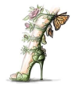 a drawing of a high heeled shoe with flowers and butterflies attached to the heels