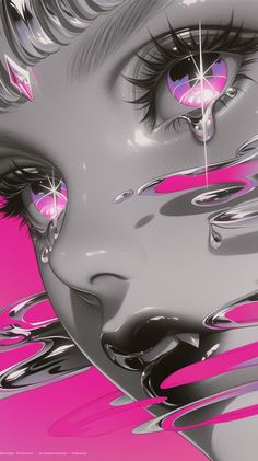 a woman's face is reflected in the water with pink and silver colors on it