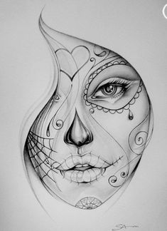 a pencil drawing of a woman's face with an intricate design on the side