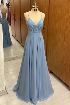 Dusty Blue Chiffon Lace-Up A-Line Long Bridesmaid Dress – Modsele Periwinkle Dress Formal, Chiffon Bridesmaid Dress Long, Women Prom Dresses, Cute Formal Dresses, Womens Prom Dresses, Bridesmaid Dress Colors, Prom Dress Inspiration, Cute Prom Dresses, Long Bridesmaid Dress