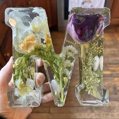 two vases filled with flowers and ice