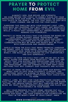 a blue and green poster with the words prayer to protect home from evil