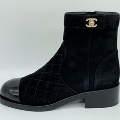 These Calfskin Suede Booties Feature A Black Patent Leather Cap Toe And Goldtone Cc Turnlock On The Sides. Side Zip. 1" Stacked Heel. Padded Leather Insole And Leather Sole. Made In Italy. Designer Color: Black. Size: 35 Eu (Insole Measures 8.75", Shaft: 5"). Typically Chanel Shoes Run Small. Brand New With The Box. Luxury Round Toe Boots For Fall, Luxury Suede Boots For Winter, Designer Leather Winter Boots, Designer Leather Moto Boots For Winter, Designer Leather Boots For Winter, Winter Designer Leather Boots, Luxury Calf Leather Boots For Winter, Luxury Ankle Boots For Fall, Luxury Round Toe Heeled Boots For Winter