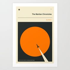 an orange and black poster with a rocket going through the sun in front of it