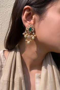 925 sterling silver, gold plated chandeliers with white, green polki, semi precious stone embellishment and pearl drops. - Aza Fashions Jewellery Pearl, Luxury Jewellery, Luxury Sale, Indian Fashion Designers, End Of Season Sale, Indian Design, Designer Wear, Pearl Drop, Aza Fashion