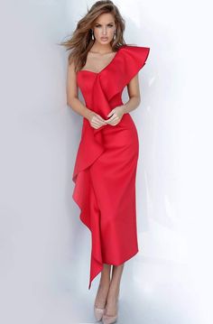 Jovani - 02616 Draped Ruffle Accented Sheath Dress – Couture Candy Tea Length Cocktail Dresses, Detail Couture, Sheath Skirt, Shoulder Ruffle Dress, Terani Couture, Jovani Dresses, Short Cocktail Dress, Asymmetrical Neckline, Knee Dress