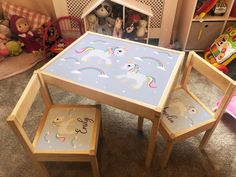 a child's table and chairs in a room with stuffed animals