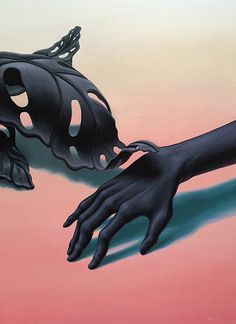 two hands reaching for each other in front of a pink and blue painting with black paint