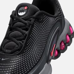 Style No. FB8987-008 Color: Black/Dark Smoke Grey/Anthracite/Light Crimson Say hello to the next generation of Air technology. The Air Max Dn features our Dynamic Air unit system of dual-pressure tubes, creating a bouncy sensation with every step. This results in a futuristic design that's comfortable enough to wear all day. Dynamic Air unit system features 2 sets of dual-pressure tubes. Nike tuned each set to a different pressure level, putting the firmest in the heel and the softest under the Nike Tuned, Air Max Day, Futuristic Design, The Next Generation, 2 Set, Next Generation, Dark Black, Say Hello, Big Kids