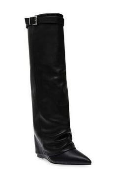 A buckled collar strap and foldover shaft lend bold elements to a knee-high leather boot balanced by a pointy toe and hidden wedge heel. 3" heel,  15" shaft (size 8.5) 16 1/2" circumference (size 8.5) Leather upper/synthetic lining and sole Imported Black High Shaft Wide Calf Heeled Boots, Black High Shaft Calf Leather Heeled Boots, Knee-high Boots With Sculpted Heel In Calf Leather, Fitted Black Mid-calf Boots With High Shaft, Black Wide Calf Mid-calf Boots With Sculpted Heel, Cute Black Boots, Knee High Western Boots, Steve Madden Wedges, Knee High Boots Flat