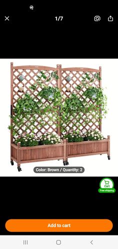 a wooden planter with plants growing on it and the words color brown / quantity 2 add to cart