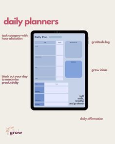 the daily planner is displayed on an ipad with text describing it's features and how to use it