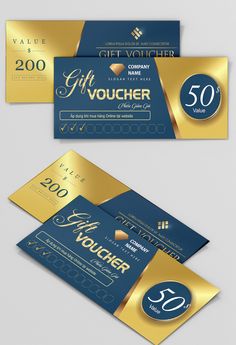 two blue and gold gift voucher cards