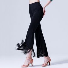 Please note this is in Asian sizing, smaller than western size e.g. UK, US, AU. Please check the measurements carefully before making a purchase. Please allow 2-4cm discrepancy due to different measurement method. If you are not sure which size to buy, please provide height and weight, we will recommend a suitable size. Women Dance Pants Tassel Fringe Trousers Latin Samba Rumba Cha Cha Dancewear Fit This item is for 1pc pants and excludes all the accessories. Material: polyester Color: black Siz Samba Dance, Chinese Dance, Women Dance, Ballroom Costumes, Dance Pants, Dance Fashion, Tassel Fringe, Slim Fit Pants, Slim Pants