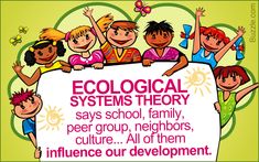 a group of children holding up a sign that says,'ecology systems theory says school, family peer group, neighbors culture all on them