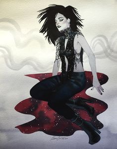 a painting of a woman sitting on top of a red and black object in space