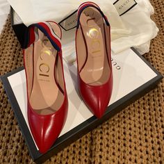 Brand New Gucci Shoes!! 7 1/2 If Your A 6 1/2 Or 7 Heels 7 1/2 Will Fit Perfect As Gucci Shoes Or Sandals Run Small Designer Red Calf Leather Heels, Gucci Red Heels With Branded Heel Counter, Gucci Luxury Heels With Red Sole, Gucci Leather Heels With Red Sole, Gucci Red Leather Heels, Luxury Gucci Heels With Red Sole, Gucci Red Heels For Evening, Red Gucci Leather Heels, Red Gucci Heels For Evening