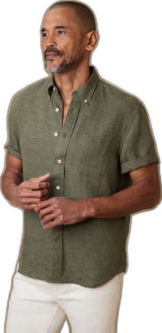 Linen Shirt With Button Closure In Flax Color, Solid Linen Button-up Shirt, Fitted Linen Shirt With Button Closure, Classic Linen Shirt With Rolled Sleeves, Fitted Solid Color Linen Shirt, Linen Button-up Shirt With Rolled Sleeves, Solid Color Fitted Linen Shirt, Fitted Solid Linen Shirt, Linen Top With Rolled Sleeves And Spread Collar