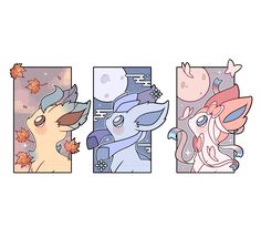 four different pictures of pokemons with leaves on them, one is pink and the other is blue