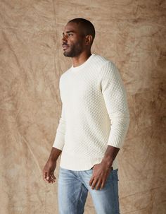 Textured Crew Neck Fall Sweater, Textured Crew Neck Sweater For Fall, Off White Textured Knit Crew Neck Sweater, Cream Textured Knit Sweater For Everyday, Everyday Cable Knit Crew Neck Sweater, Everyday Cream Textured Knit Sweater, Winter White Textured Knit Crew Neck Sweater, Henley Sweater, Black Men Fashion