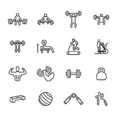 a set of gym related icons including dumbbells, barbells and more